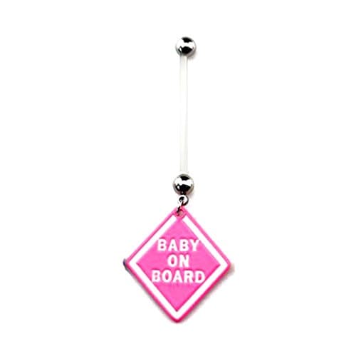 HYIdealism Pink Baby on Board Design Dangle Silicone Bar Navel Belly Button Barbell Ring Body Piercing Pierced Jewelry for Pregnant Women