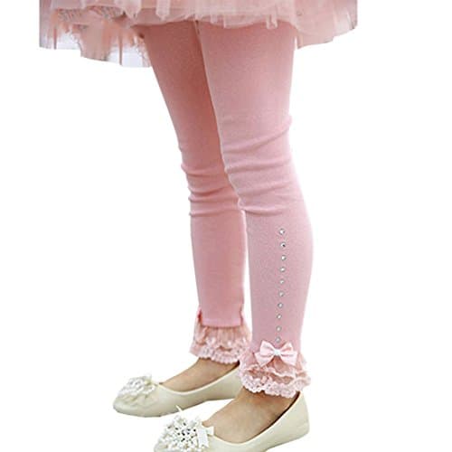 Lyshi Girls Sweet Bow Lace Ruffle Hem Ankle Length Cotton Leggings 2 Years Pink