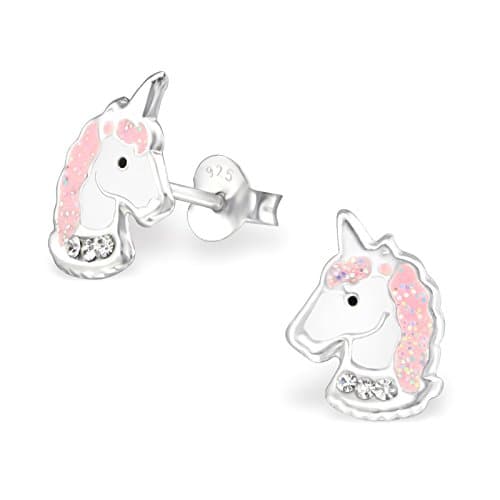 Silver Belle Sterling Silver 925 Unicorn Pink with Crystals Stud Earrings with Gift Bag