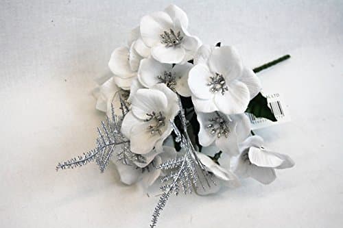 Artificial Christmas Rose &amp; Fern Bush x 22cm Red, White or Cream (White with Silver)