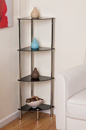 Room Furniture Stylish Design 4 Shelf Corner Bookcase with Chrome Base (Material: Metal/Glass, Assembly Required) (Black)