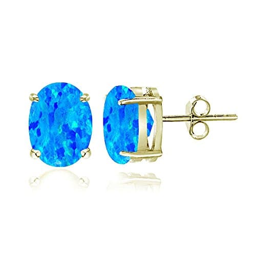 18K Gold over Sterling Silver Created Fiery Blue Opal 6x4 Oval Stud Earrings