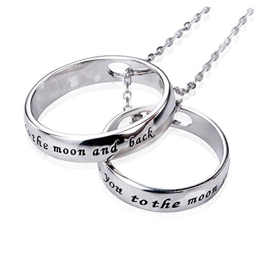 Apotie " I Love You To The Moon and Back " 925 Sterling Silver Romantic Rings Charms Love Two-Circle Pendant Necklace Christmas Gifts Jewelry Long Chain for Women