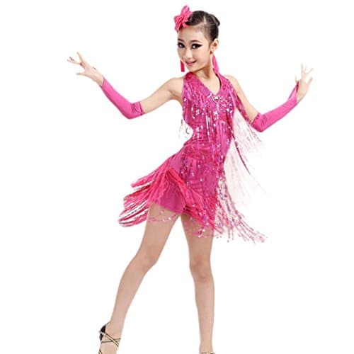 Covermasons A Set Toddler Kids Child Girls Latin Ballet Cha-Cha Rumba Samba Tango Ballroom Dance Costumes Dancewear Dress With Tassel (6/7T, Hot Pink)