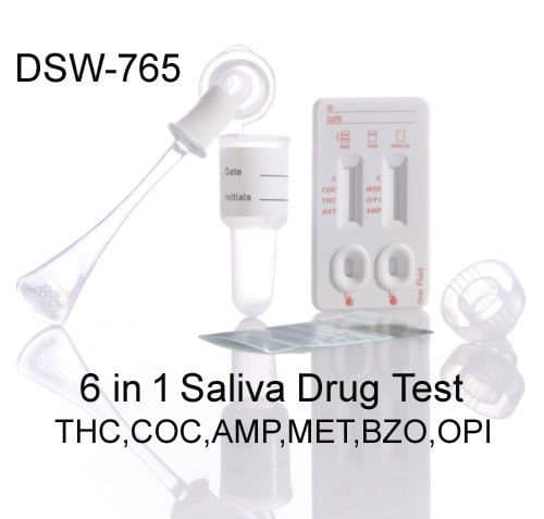 Home Saliva Drug Test screend for 6 drugs ~ pack of 5 DSW-765 6 in 1 drug test kits individual results for ~ cannabis, cocaine, amphetamine, methamphetamine, benzodiazepine and opiates (heroin)