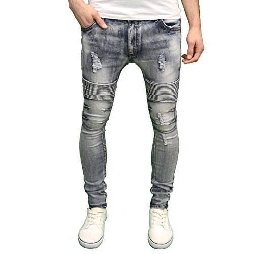 SoulStar Mens Designer Stretch Detailed Biker Ripped Jeans BNWT (36W x 32L, Tazer Grey)