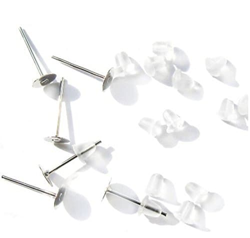 Cooplay 100 Stainless Steel 5mm Flat Pad (With 12mm Post) Earring Finding Plus 100 Rubber Earnut Stoppers Package of 50 Sets (3mm)