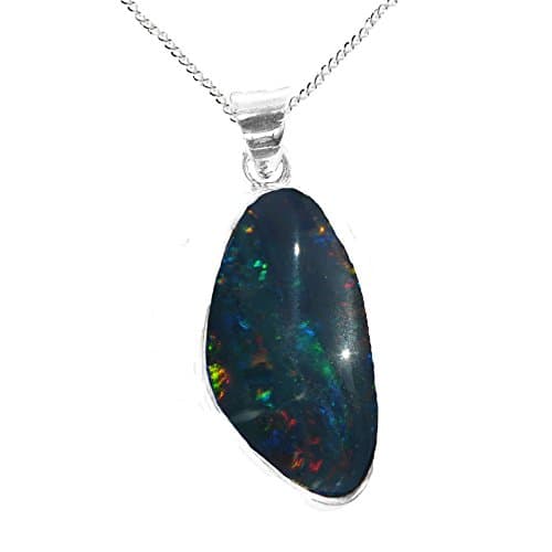 925 Sterling Silver Australian Opal Green Blue Triplet Medium Tear Drop Pendant with a Curb Chain - October Birthstone