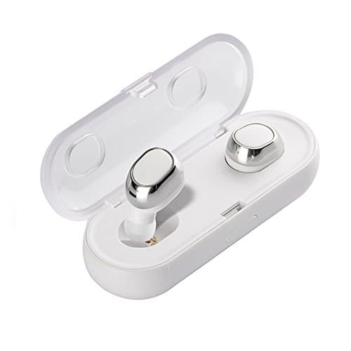 Mini Bluetooth Earpiece Hifi Sound Noise Cancelling True Wireless Earphones V4.2 Stereo Build-in Mic Headphones with Charging Box Apt-X Support for Iphone Samsung Android White Silver