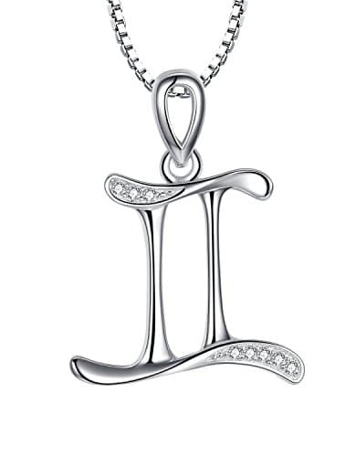 Sterling Silver Gemini Zodiac Sign Astrology Horoscope with Cubic Zirconia Pendant Necklace for Women and Girls, 46cm Box Chain - sy131n1