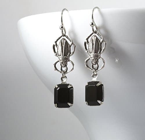 ArgentoGoldVictorian Gothic Style Earrings with Black Jet Crystals Elements