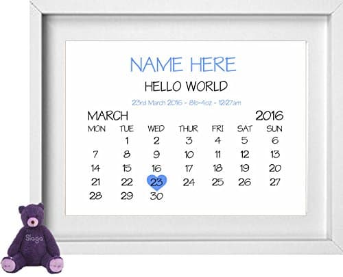 Nursery Picture New Born Baby Boy Calander Personalised, Name, Date, Weight, Time