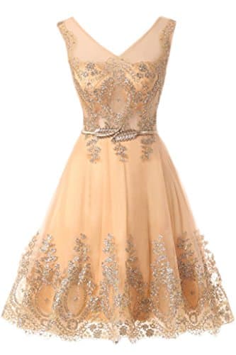 Dearta Women's A-Line Short Mini V-Neck Appliques Homecoming Dresses Gold UK 12