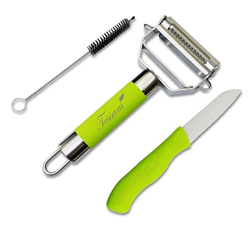 Ultra Sharp Stainless Steel Dual Julienne Vegetable and Fruit Peeler Slicer - Ceramic Paring Knife included - Non-slip Ergonomic Handle and Cleaning Brush - By Tessani Kitchenware.