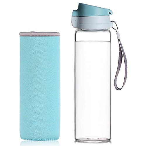 Reeho® 510ml BPA-Free Borosilicate Glass Water Bottle With Protective Neoprene Sleeve and Strap, Sport Bottles for Hiking, Gym, Running [One Click Open] (Blue, 510ml)