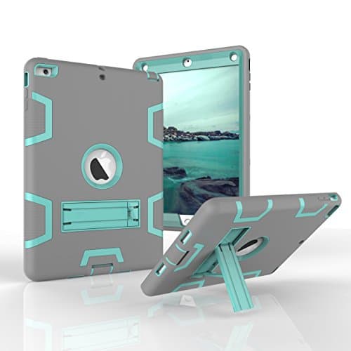 Hansin iPad Air Case (2013 release), [Kickstand] Three Layer Hybrid Heavy Duty Full-Body Shockproof Anti-Slip Protective Case for Apple iPad Air, Gray/Aqua