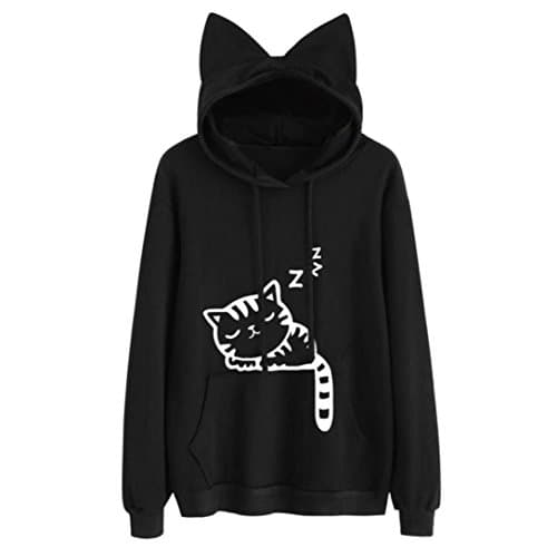 Women’s Cat Printing Long Sleeve Hoodie Sweatshirt Sunday Hooded Pullover Tops Blouse Cute For Teen Girls Sweatshirts＆Sweater Cute Cat Ear Hat Hoodie (M, Black)