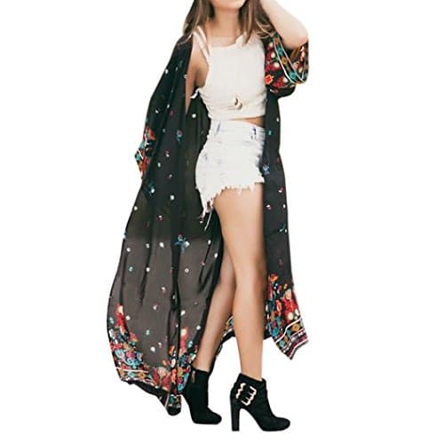 Ladies Cardigans Plus Size ❤️ LMMVP Women Bohemian Loose Floral Chiffon Kimono Oversized Long Cardigan with Fringe Shawls Wraps (3XL, Black)