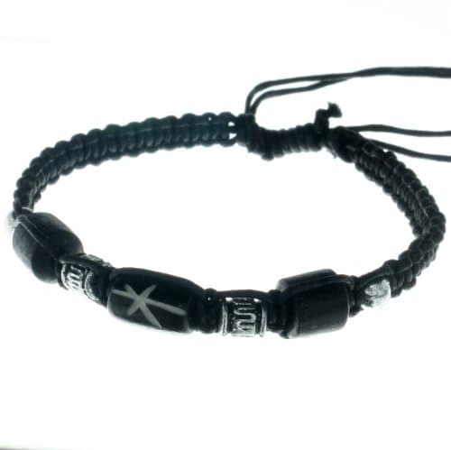 Black cotton string silver color beads bone middle and 2 wooden side beads B2 bracelet anklet