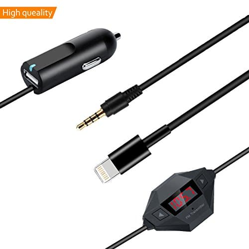 Ougilay Universal FM Transmitter High Quality Transmitter Radio Adapter Car Kit with 3.5mm Audio Plug and 2.4A USB Car Charger for iPhone iPad Samsung Galaxy Windows iOS and Android Smartphone