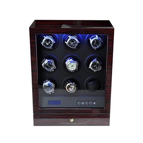 Smart Automatic Watch winder for 4-6-9 wathces, Deluxe reel mechanical winder box, Watch display show case, with LCD touch scrren (9 rotors-Ebony)