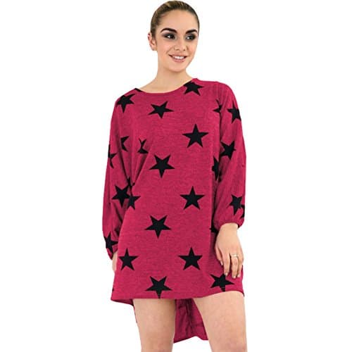 Urban D New Batwing ¾ Sleeve Lagenlook High Low Elegant Ladies Star Print Celeb Oversized Loose Baggy Summer Holidays Party Tunic Elastic Cuff Dress Top (Cerise, LXL (16-18))