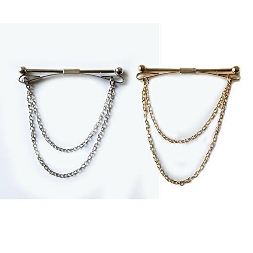 SamWay 2ps Collar Pin Collar Bar with Chain,Gold and Silver by SamWay