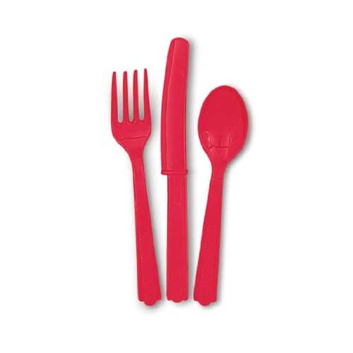 Disposable Party/Picnic Plastic 12x Forks/Knives/Spoons Cutlery Ruby Red 12 Sets