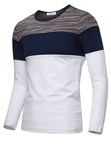 KAIUSI Men's Color Block Round Neck Casual Slim Fit Long Sleeve T Shirt Top White Medium