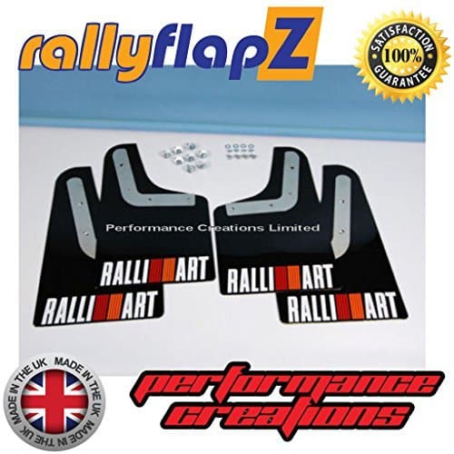 Genuine rallyflapZ (Made in the UK) Full Set of 4 Mudflaps Including all Fixings/Hardware Required &amp; Full Fitting Instructions! (Mud Guard / Mud Flaps Kit) 4mm Thick Flexible PVC Black with Ralliart Logo White (red &amp; orange stripes)
