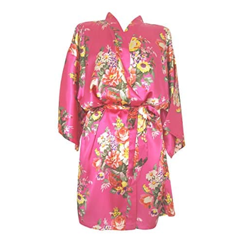 Bride Dressing Gown Bridesmaids Bridal Party Hen Satin Pretty Floral Kimonos (cerise)