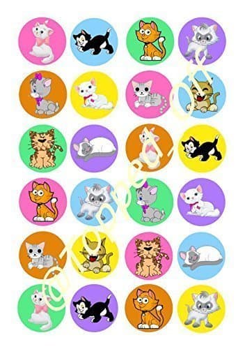 24 Cats & Kittens Round Edible Cup Cake Topper Decorations
