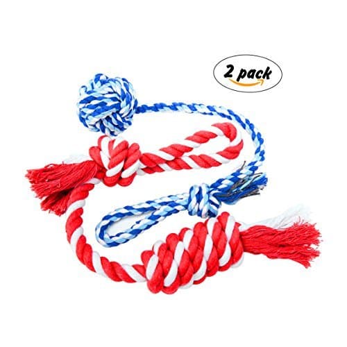 Dog Tug Toy of Cotton Dental Chew knotted Rope with Handle 2-Pack - Red and Blue