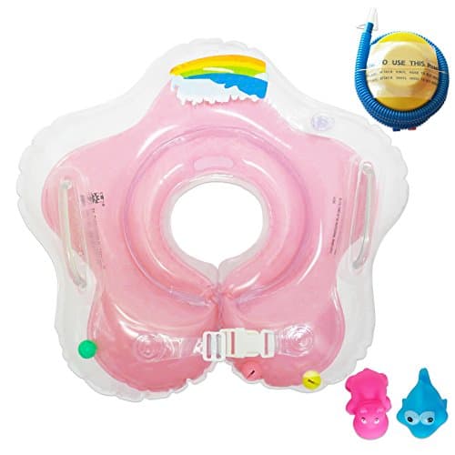 Raintwo Swimming Ring Kids Toddler Inflatable Flower Neck Float Flotation Devices fit 6-36 months' Baby + 2 pieces Squeaky Toys + 1 piece Foot Pump - Pink