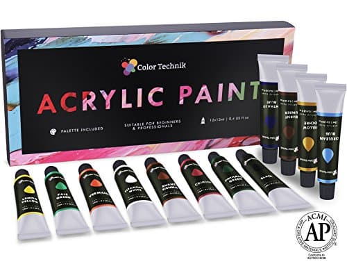 Acrylic Paint Set By Color Technik, Professional Artist Quality, Palette Included, 12 Aluminium Tubes, Best Colors For Painting Canvas, Wood, Clay, Fabric, Nail Art and Ceramic, Rich Pigments, Gift Me