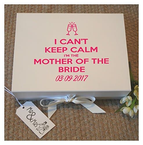 Large Mother of the Bride Keep Calm Gift box with date,Wedding Keepsake, Mother Gift Box From Bride, Wedding Gift Box, Wedding Gift box, A4 size, measures 33 x 25 x 11 cms complete with shredded paper and a small heart charm.
