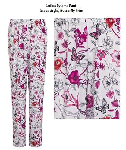 Ladies Light Weight Lounge Pyjama Bed Bottoms| Elasticated Waist | Butterfly With Pink Flowers - Size M, L, (M)