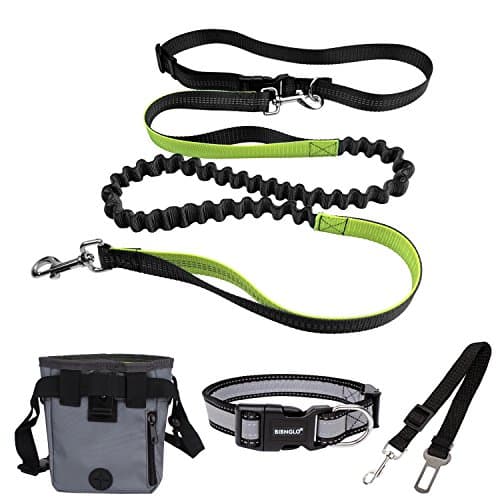 LIANG Handsfree Dog Lead,Shock Absorbing Lead and Adjustable Waist Belt + Dog Collars + Dog Seat Belt + Dog Treat Pouch, Perfect for Running, Jogging, Hiking, Walking and Training