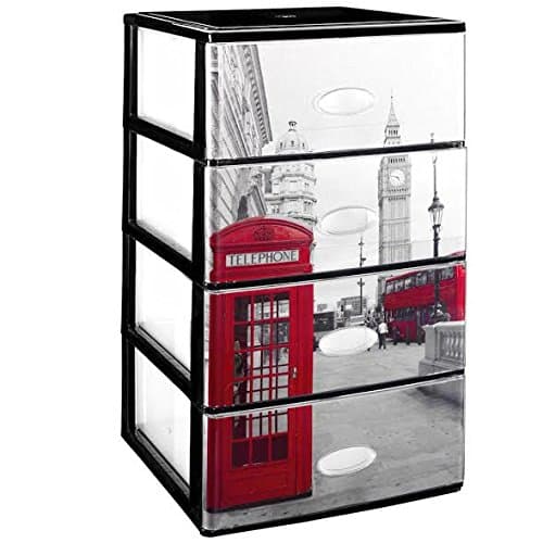 Great Plastic Stackable 4 Drawer Set with Crystal Front Decorated London, Black, Set of 21