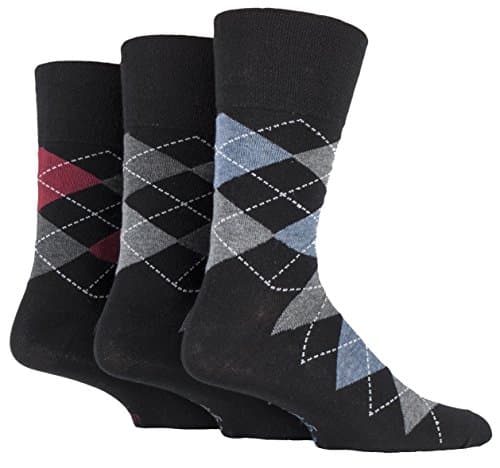 Drew Brady 3 Pack Mens Gentle Grip Non-Elastic Ankle Socks 6-11 Black Argyle