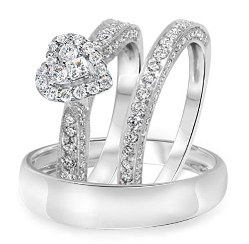 Silvernshine Jewels 1/5 Ct Sim Diamond 14K White Gold Plated Men's &amp; Women's Engagement Trio Ring Set