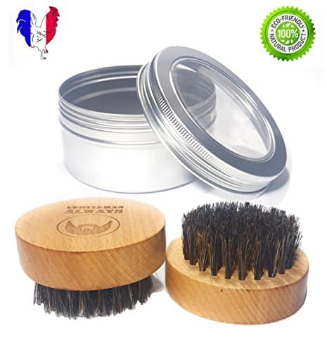 High Quality GENTLEMAN ALWAYS Boar Bristle Beard Brush with 100 % Genuine Boar Bristles - Ergonomic Round Beard Brush with Wooden Handle and Aluminum Case - Ideal Gift for Men - Beard Grooming Set