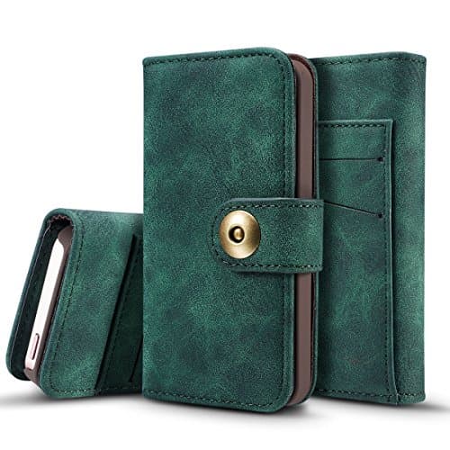 iPhone SE 5SE 5 5S Case, Moonmini ® 2 in 1 Detachable Premium PU Leather [Flip Stand][Card Slots][Photo Frame] Wallet Bumper Cover Protective Retro Shell Holster with Magnetic Closure for iPhone SE 5SE 5 5S (iPhone SE 5SE 5 5S, Dark Green)