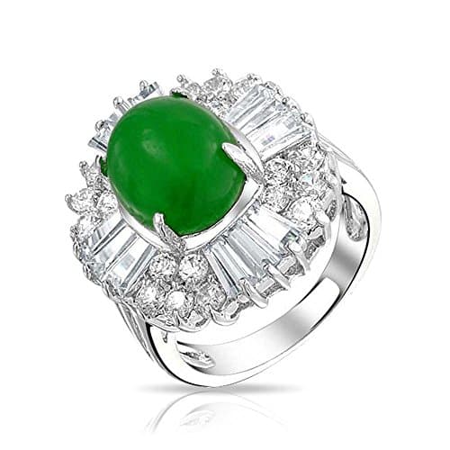 Bling Jewelry Oval Simulated Jade CZ Baguette Cocktail Ring Rhodium Plated