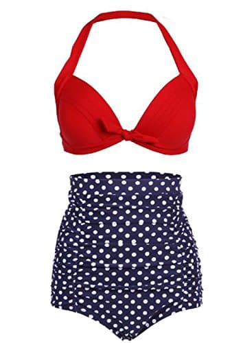 SOTW 50s Pinup Flora Polka Dot Retro Vintage High Waisted Bikini Swimsuits Swimwear, Red and Navy Blue Polka, M