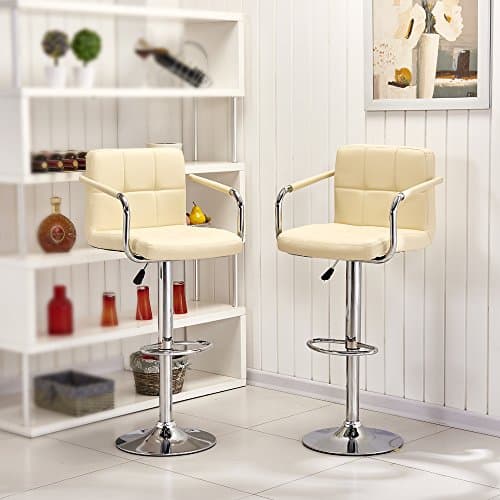Tason Set of 2 Modern Bar Stools, with Faux Leather Armrest and Backrest, Adjustable Swivel Gas Lift, Chrome Footrest and Base for Breakfast Bar, Counter, Kitchen and Home (Cream)