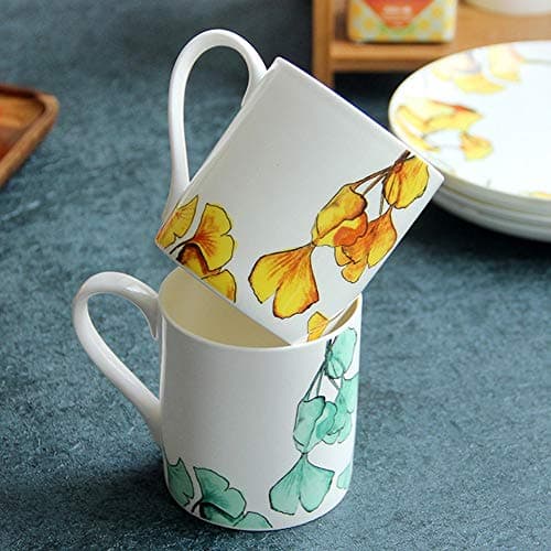 FUXIAOCHEN 2Pcs Tea Cup Set 400Ml Large White Ceramic Coffee Cups With Leaf Decal Bone China Mugs Lovers Mugs Premium Drinkware Fancy Gift