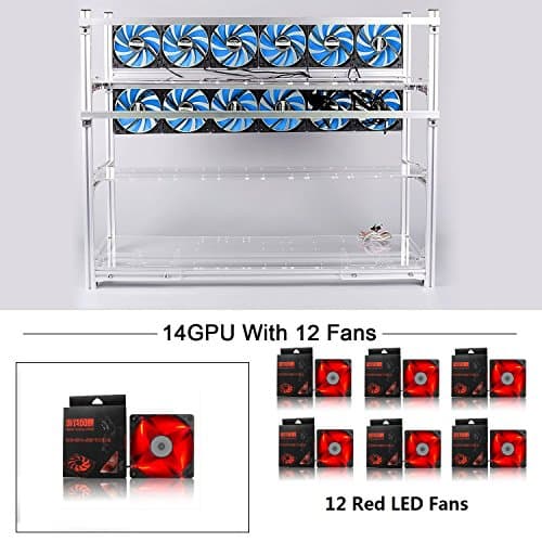 14 GPU Mining Rig Aluminum Stackable Case With 12 LED Fans Open Air Frame Miner Kit For ETH/ZEC/Bitcoin/Decred/Z Cash (Silver-RF)