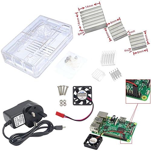 Raspberry Pi 3 Starter Kit with Power Supply (UK Plug), Heat Sink (6 pcs), Protective Case (Transparent) and Cooling Fan **Best 4 in 1 Kit for Raspberry Pi 3**