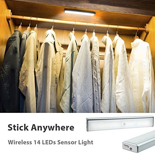 Derlson® Wireless 14 LEDs Motion Sensor Under Cabinet lights, Rechargeable Motion lights / Night light(3 modes Auto/on/off) for Wardrobe,Closet ,Garage ,Hallway,Attics （ Cool light)